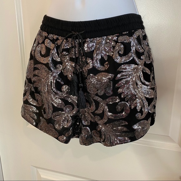 Silver Sequin Paisley Print Shorts w Drawstring  4 - Picture 6 of 11